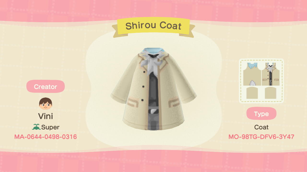 Animal Crossing Design Code: MO-98TG-DFV6-3Y47 Shirou Coat