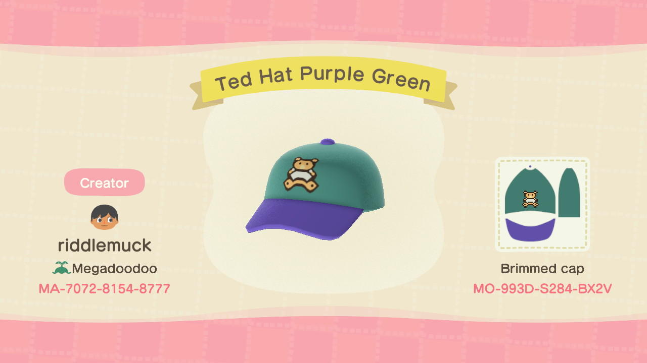 Animal Crossing Design Code: MO-993D-S284-BX2V Teddy Fresh Ted Hat
