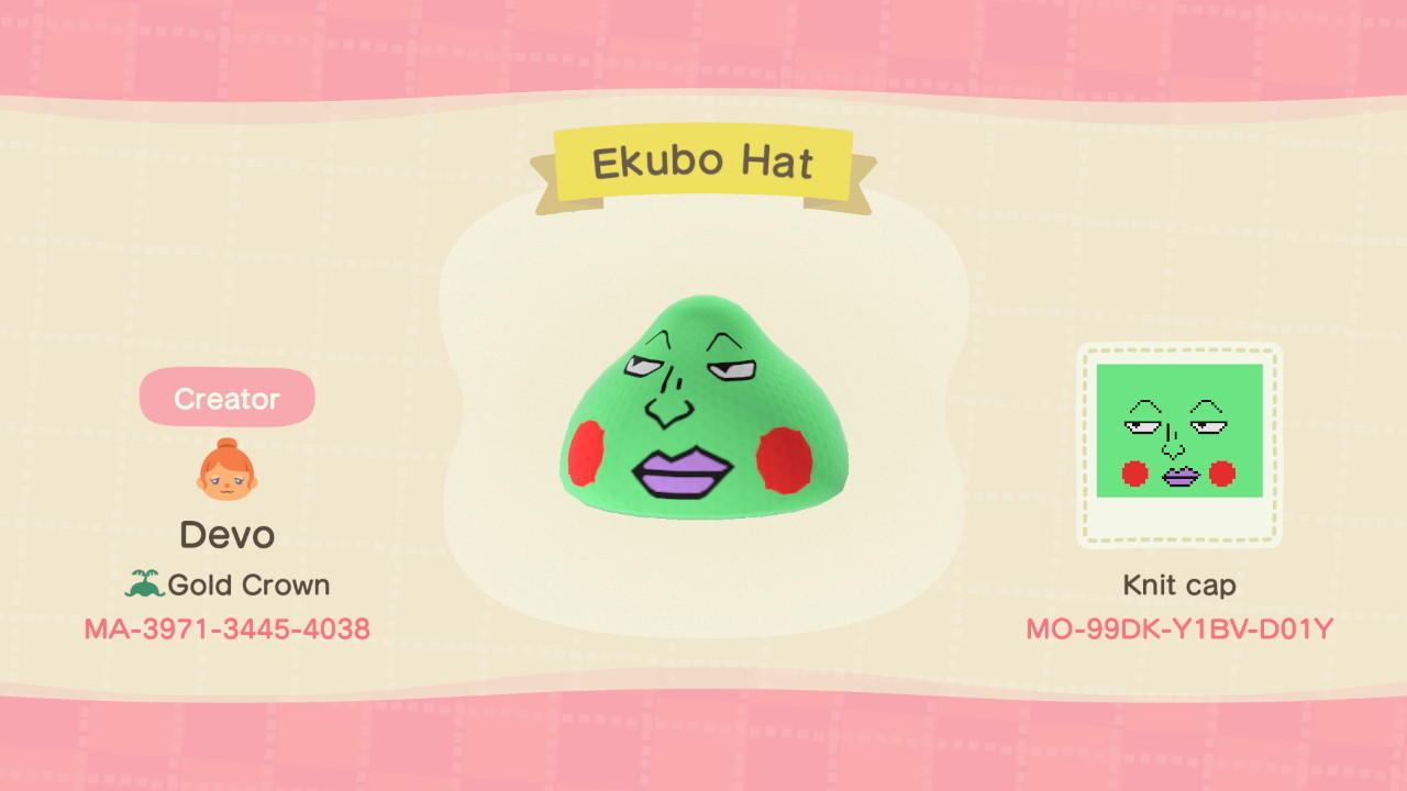 Animal Crossing Design Code: MO-99DK-Y1BV-D01Y Ekubo Hat