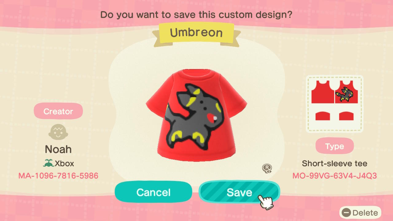 Animal Crossing Design Code: MO-99VG-63V4-J4Q3 Umbreon