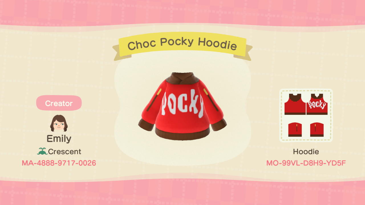 Animal Crossing Design Code: MO-99VL-D8H9-YD5F Choc Pocky Hoodie