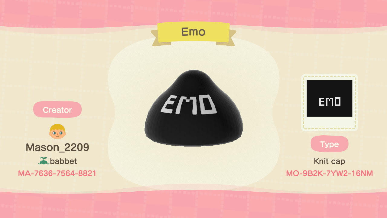 Animal Crossing Design Code: MO-9B2K-7YW2-16NM EMO hat