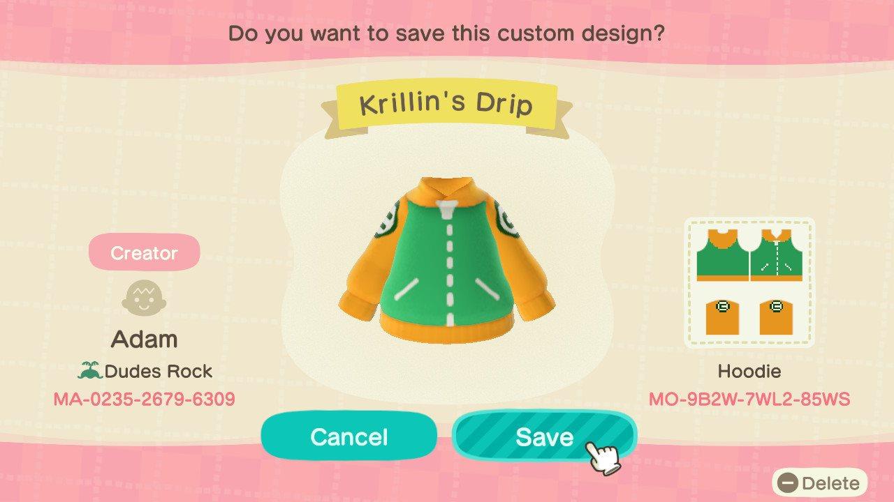 Animal Crossing Design Code: MO-9B2W-7WL2-85WS Krillin&#39;s Drip