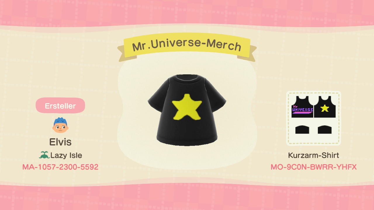 Animal Crossing Design Code: MO-9C0N-BWRR-YHFX Mr.Universe-Merch