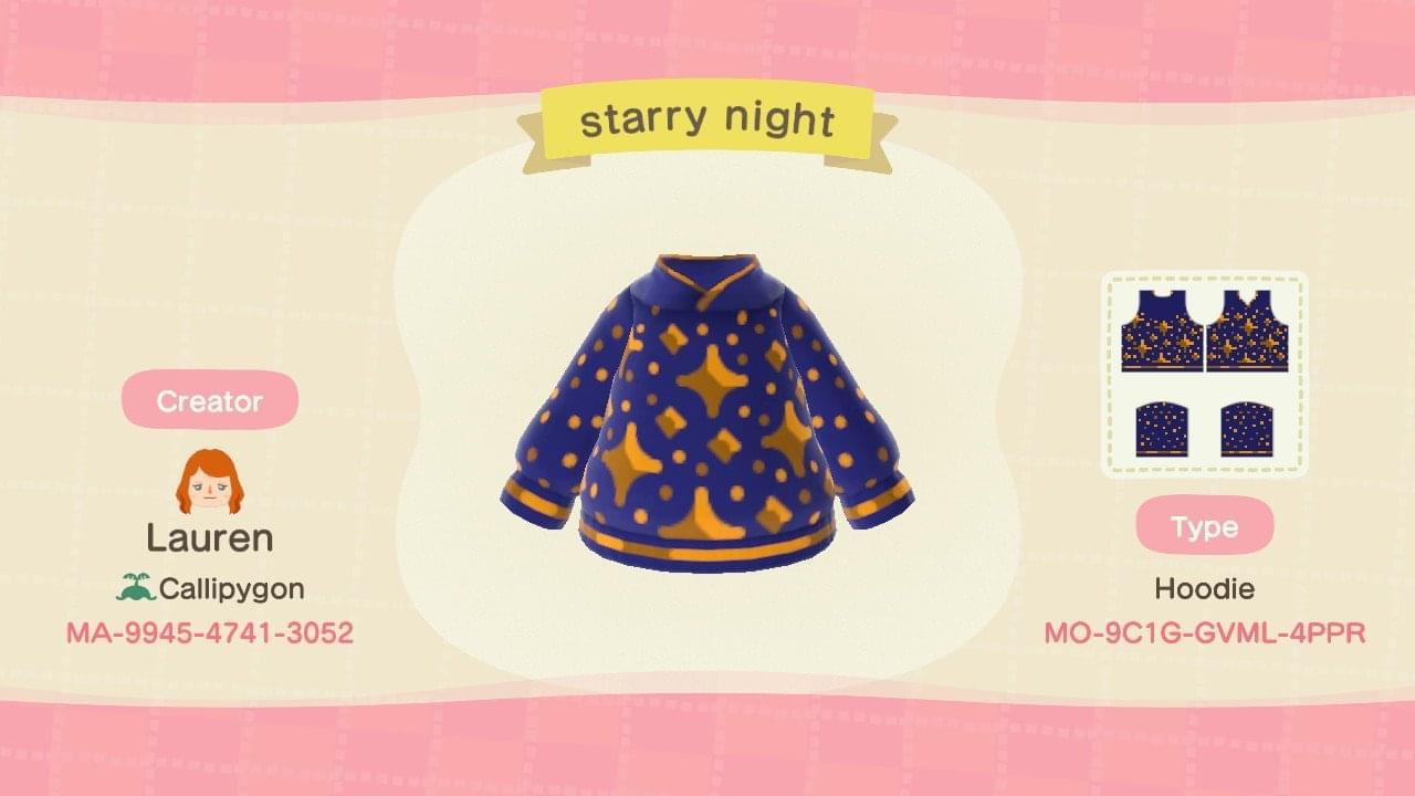 Animal Crossing Design Code: MO-9C1G-GVML-4PPR starry night hoodie