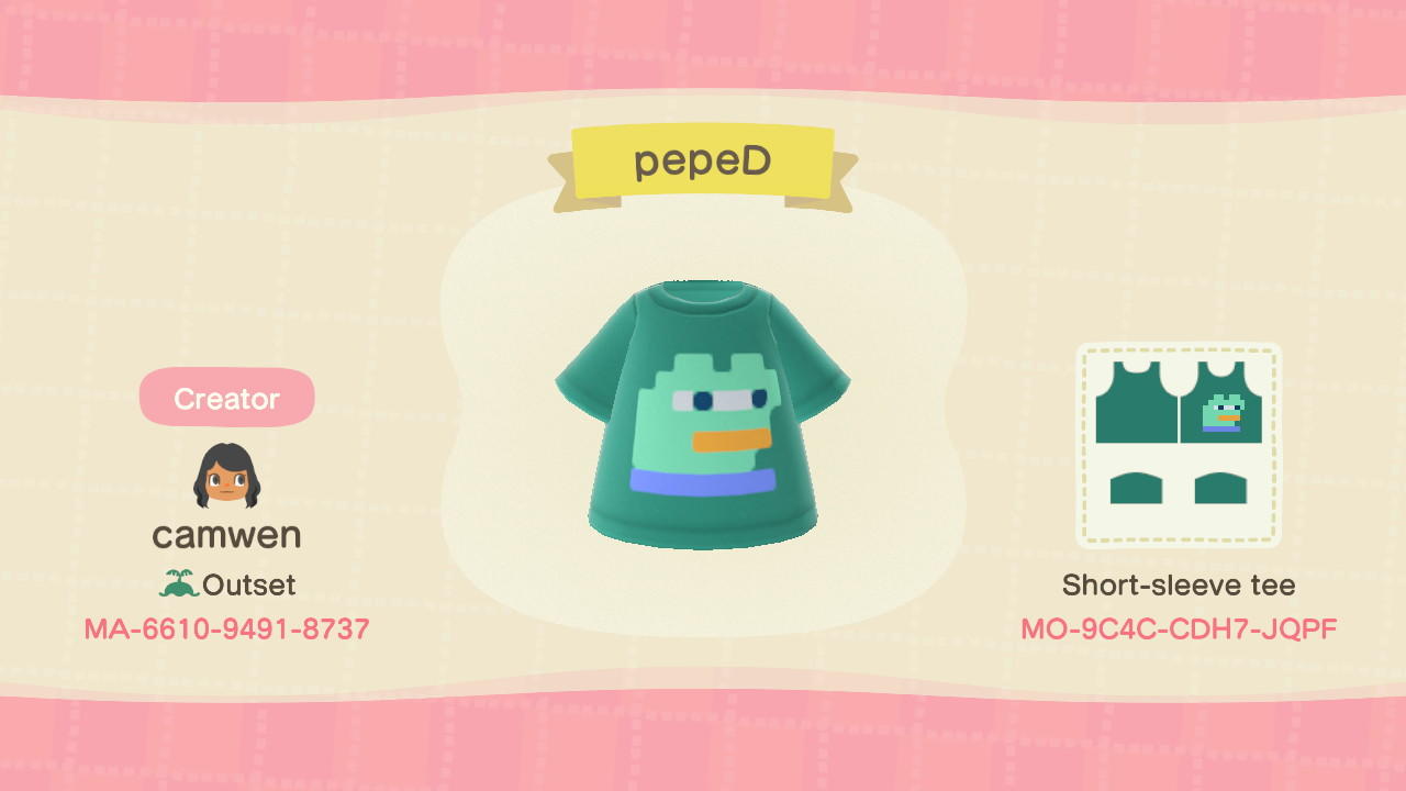 Animal Crossing Design Code: MO-9C4C-CDH7-JQPF pepeD