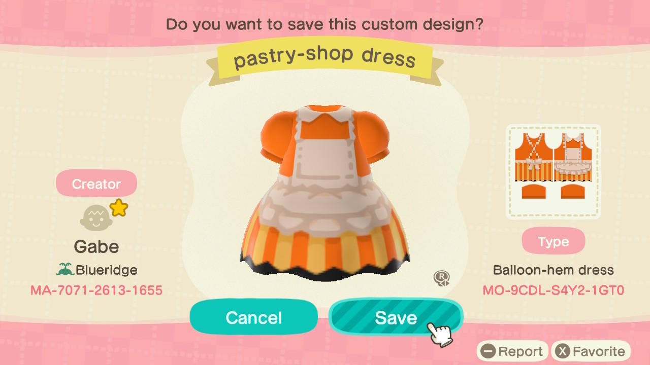 Animal Crossing Design Code: MO-9CDL-S4Y2-1GT0 pastry-shop dress