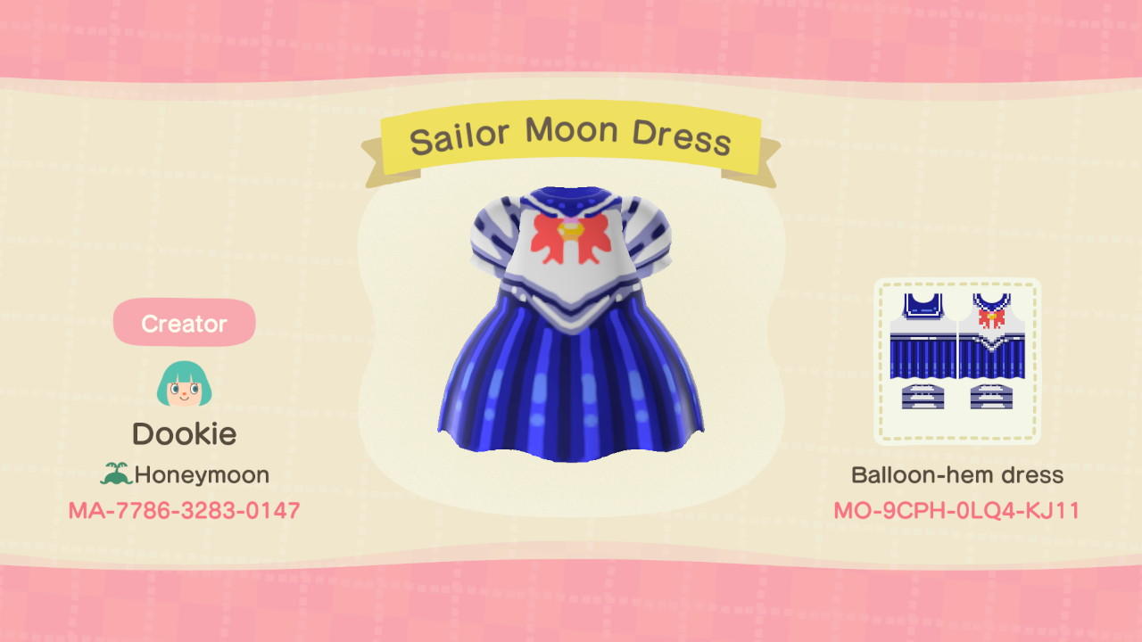 Animal Crossing Design Code: MO-9CPH-0LQ4-KJ11 Sailor Moon Dress
