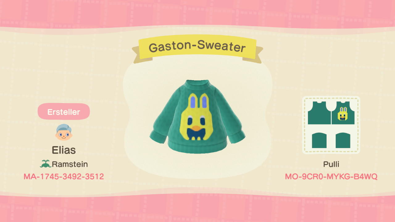 Animal Crossing Design Code: MO-9CR0-MYKG-B4WQ Gaston-Sweater