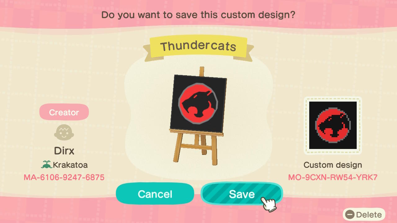 Animal Crossing Design Code: MO-9CXN-RW54-YRK7 Thundercats