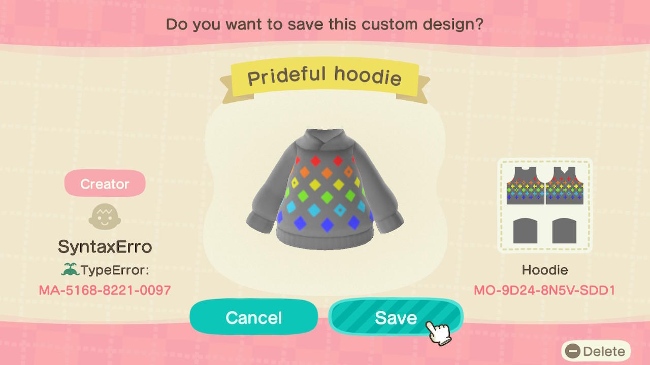 Animal Crossing Design Code: MO-9D24-8N5V-SDD1 Prideful Hoodie