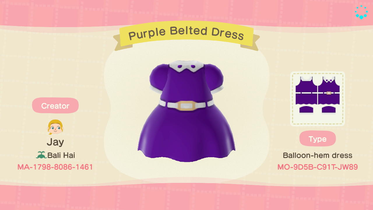 Animal Crossing Design Code: MO-9D5B-C91T-JW89 Purple Belted Dress