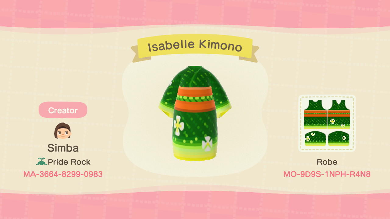 Animal Crossing Design Code: MO-9D9S-1NPH-R4N8 Isabelle Kimono