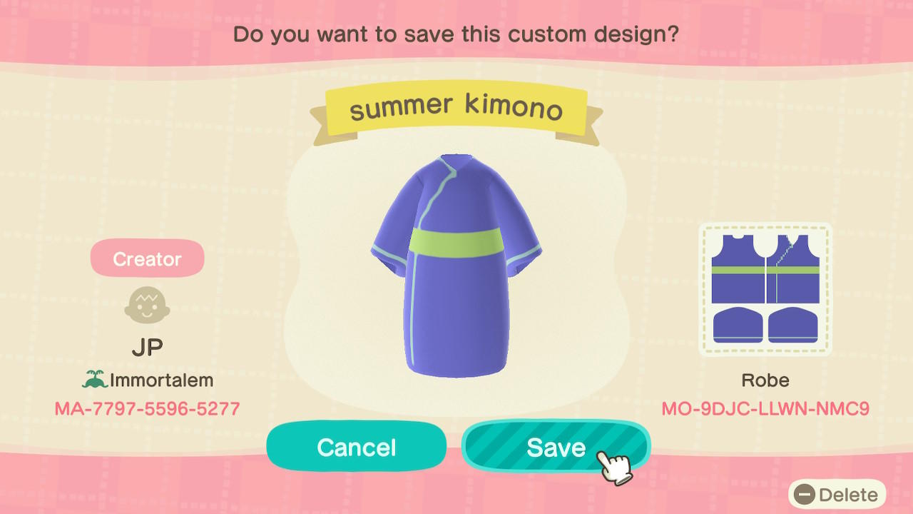Animal Crossing Design Code: MO-9DJC-LLWN-NMC9 summer kimono