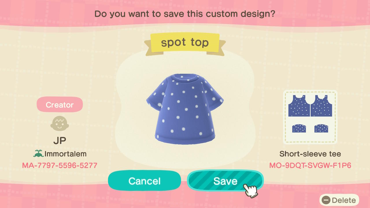 Animal Crossing Design Code: MO-9DQT-SVGW-F1P6 spot top
