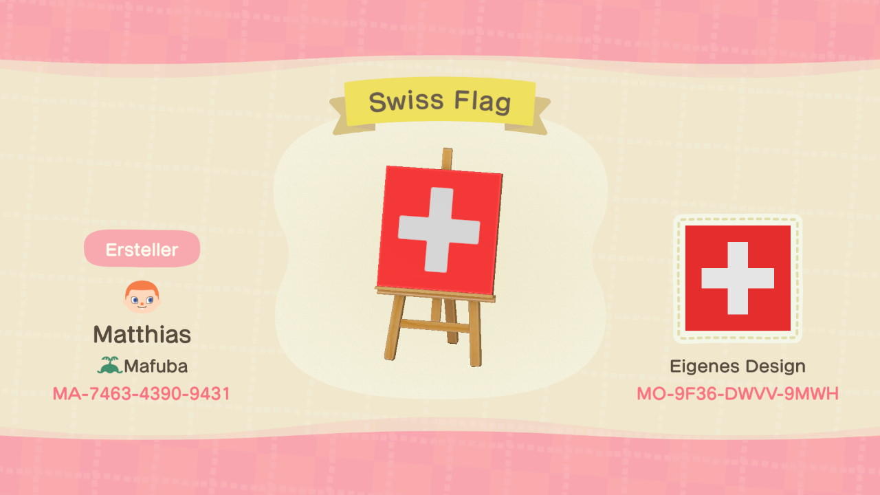 Animal Crossing Design Code: MO-9F36-DWVV-9MWH Swiss Flag