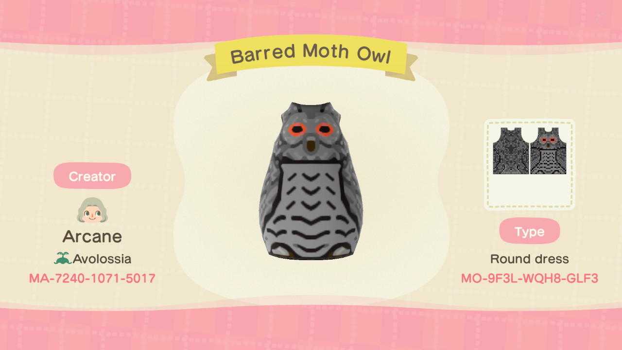 Animal Crossing Design Code: MO-9F3L-WQH8-GLF3 Barred Moth Owl
