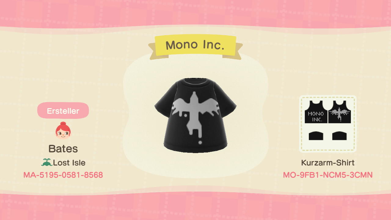 Animal Crossing Design Code: MO-9FB1-NCM5-3CMN Mono Inc.