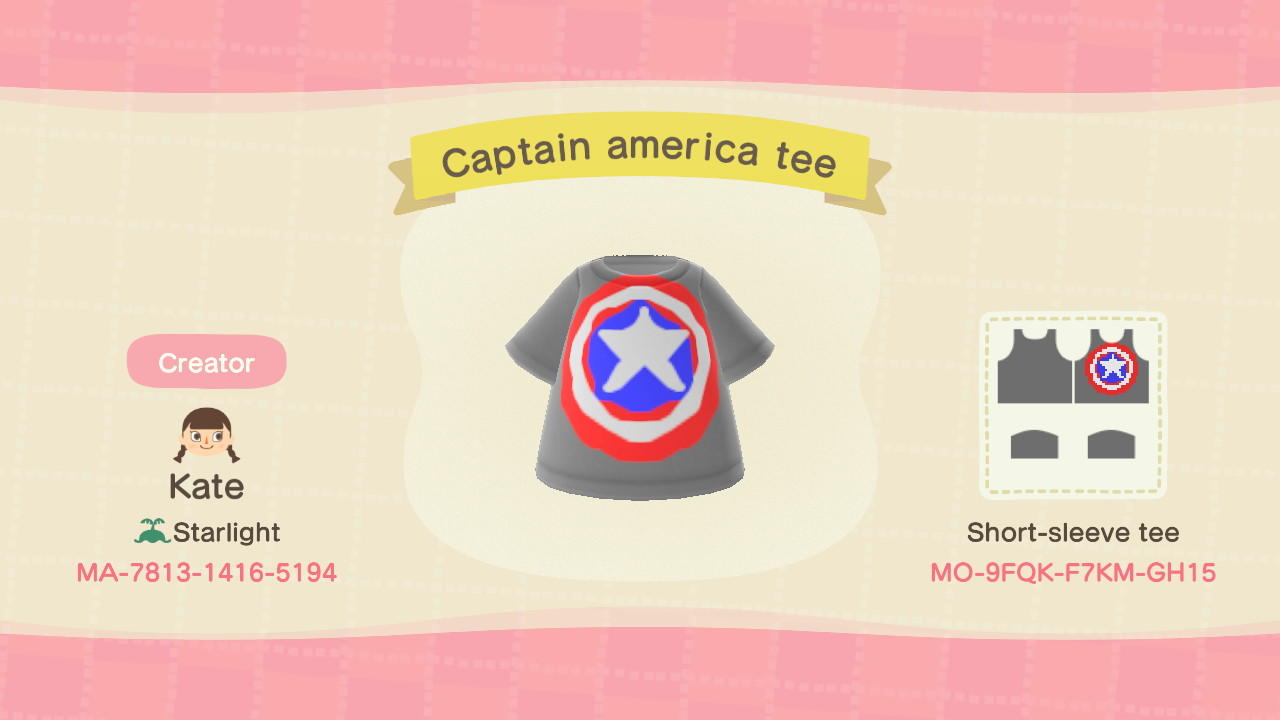 Animal Crossing Design Code: MO-9FQK-F7KM-GH15 Captain america tee