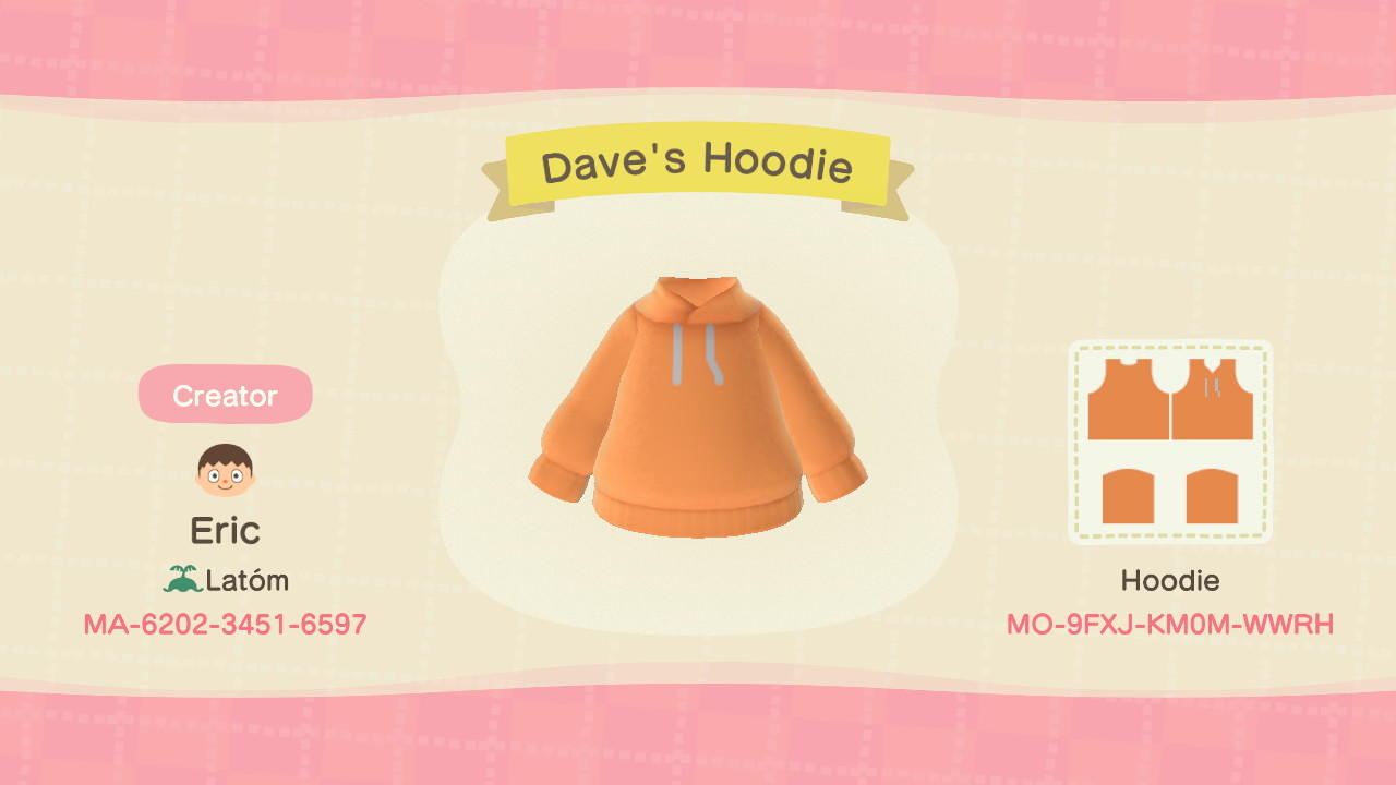 Animal Crossing Design Code: MO-9FXJ-KM0M-WWRH Dave&#39;s Hoodie