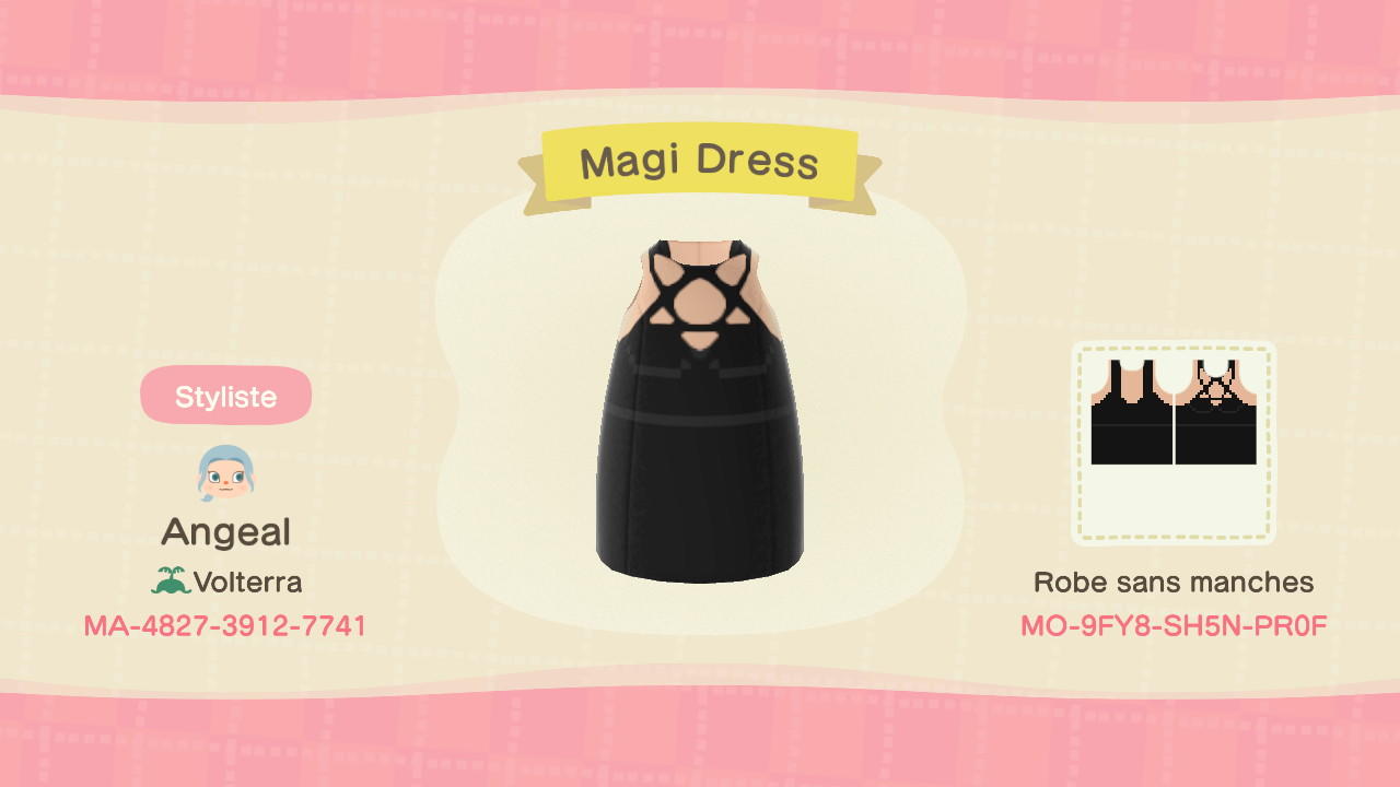 Animal Crossing Design Code: MO-9FY8-SH5N-PR0F Magi Dress Skin1