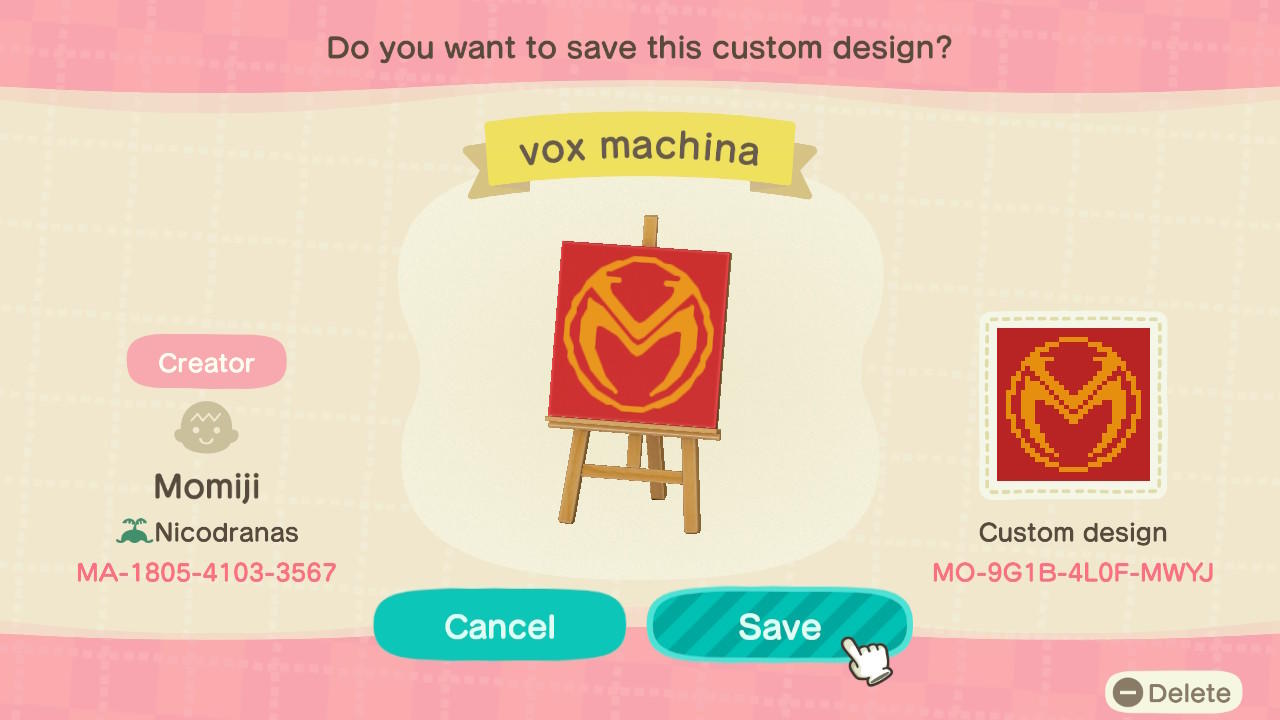 Animal Crossing Design Code: MO-9G1B-4L0F-MWYJ Vox Machina