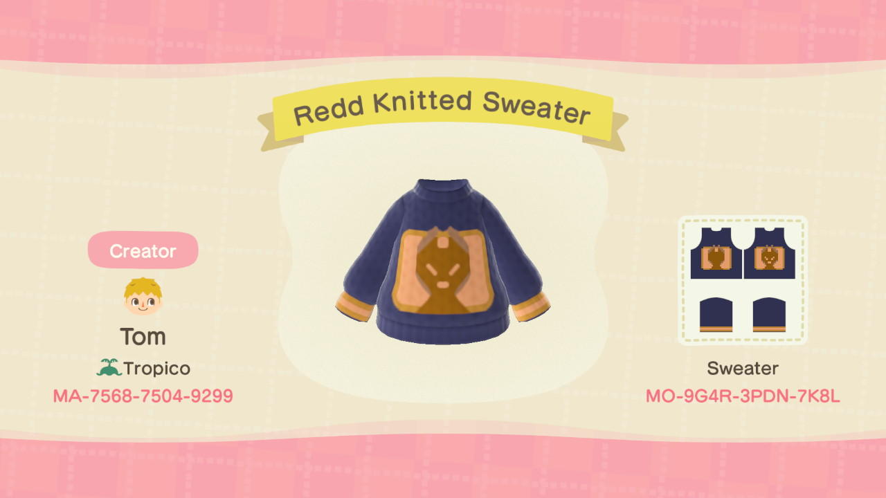 Animal Crossing Design Code: MO-9G4R-3PDN-7K8L Redd Knitted Sweater