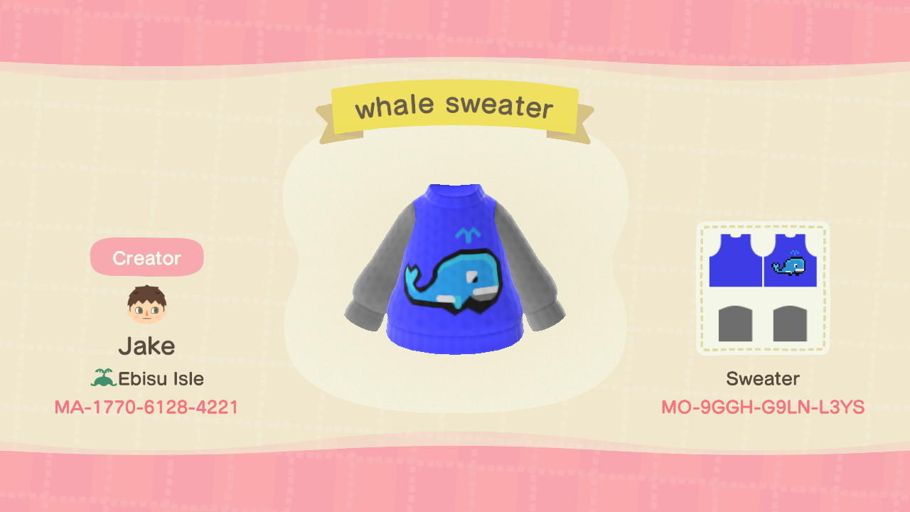 Animal Crossing Design Code: MO-9GGH-G9LN-L3YS whale sweater