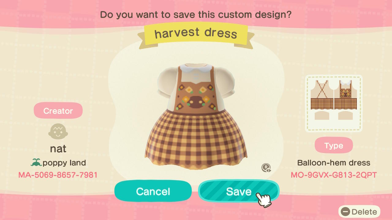 Animal Crossing Design Code: MO-9GVX-G813-2QPT harvest dress