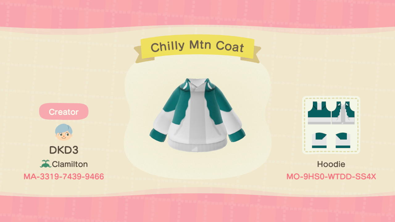 Animal Crossing Design Code: MO-9HS0-WTDD-SS4X Chilly Mtn Coat