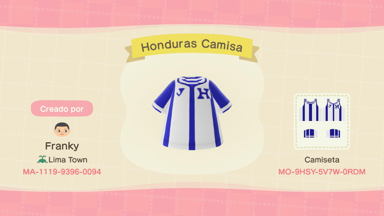 Animal Crossing Design Code: MO-9HSY-5V7W-0RDM Honduras Camisa