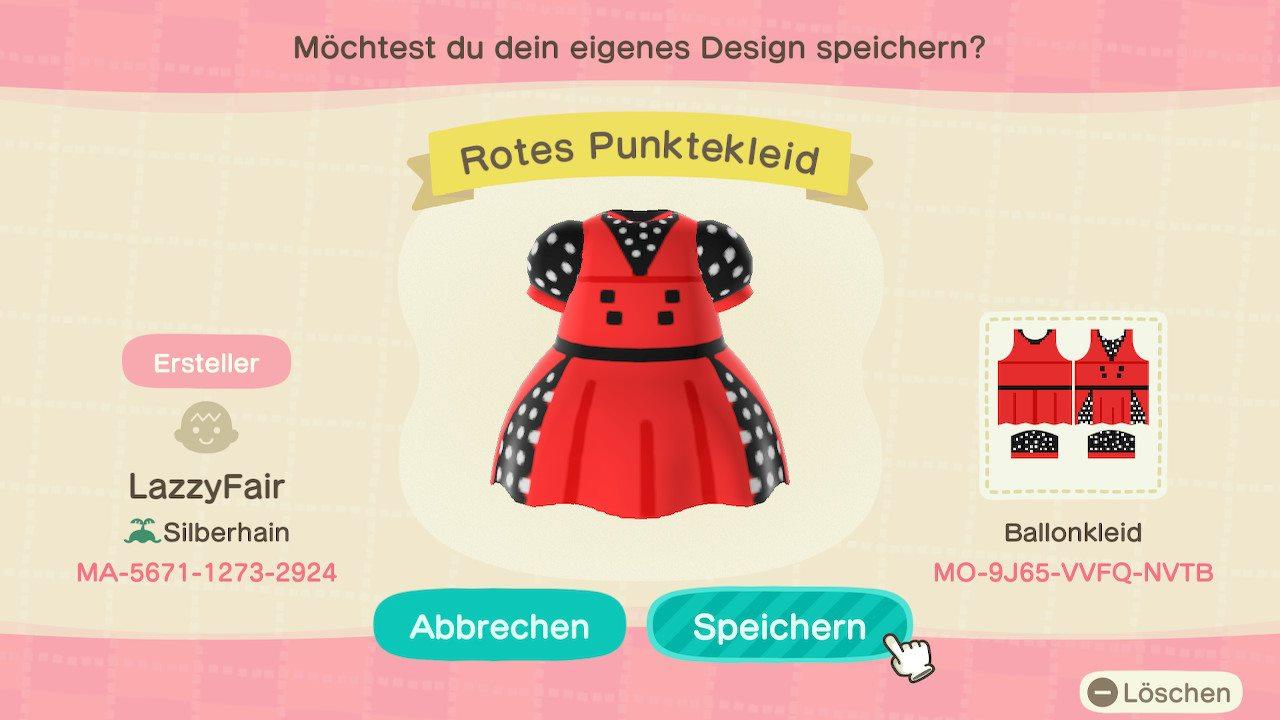 Animal Crossing Design Code: MO-9J65-VVFQ-NVTB Rotes Punktekleid