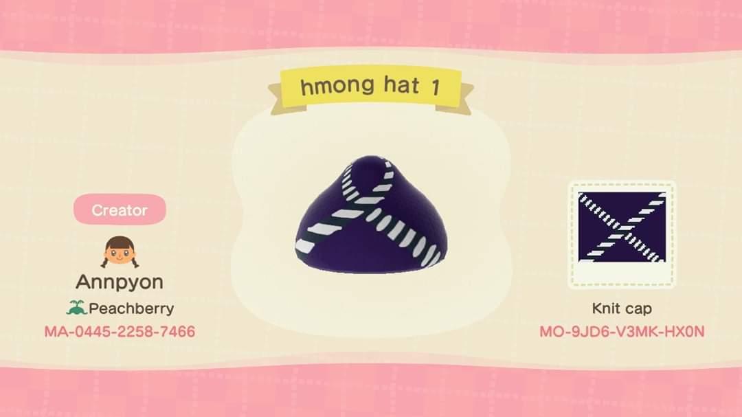 Animal Crossing Design Code: MO-9JD6-V3MK-HX0N Hmong Hat 1