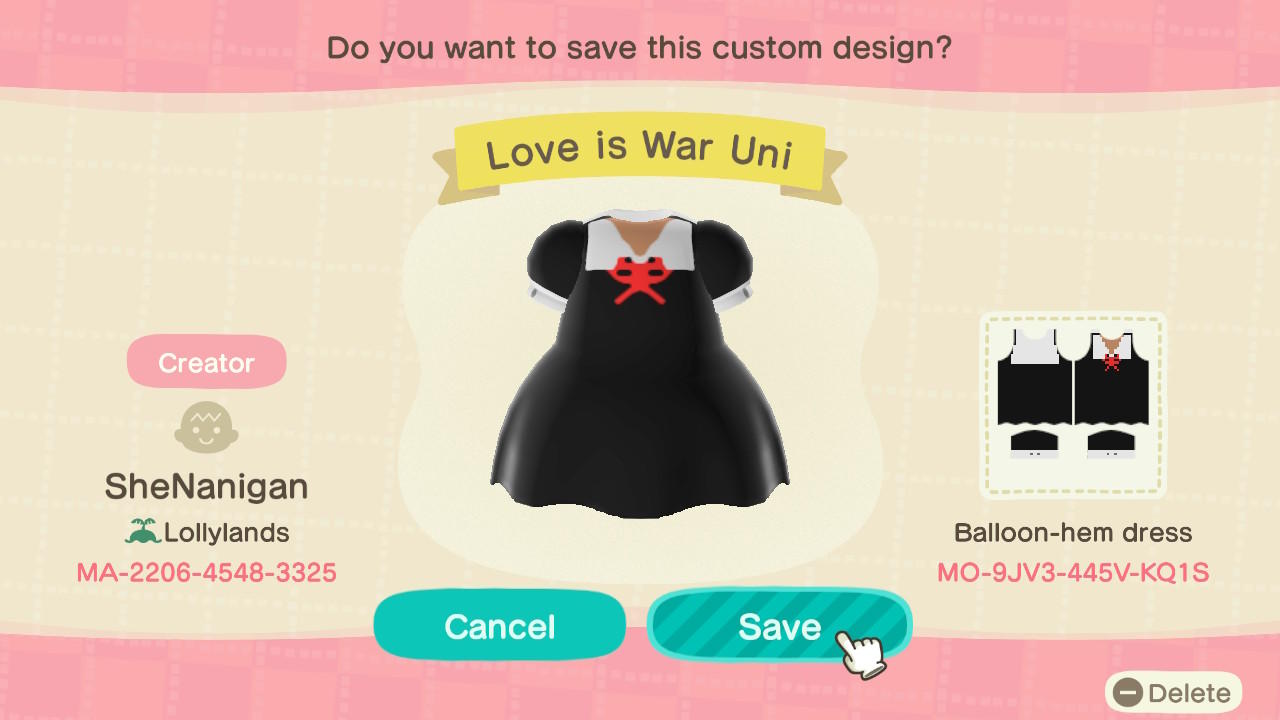Animal Crossing Design Code: MO-9JV3-445V-KQ1S Love is War Uni