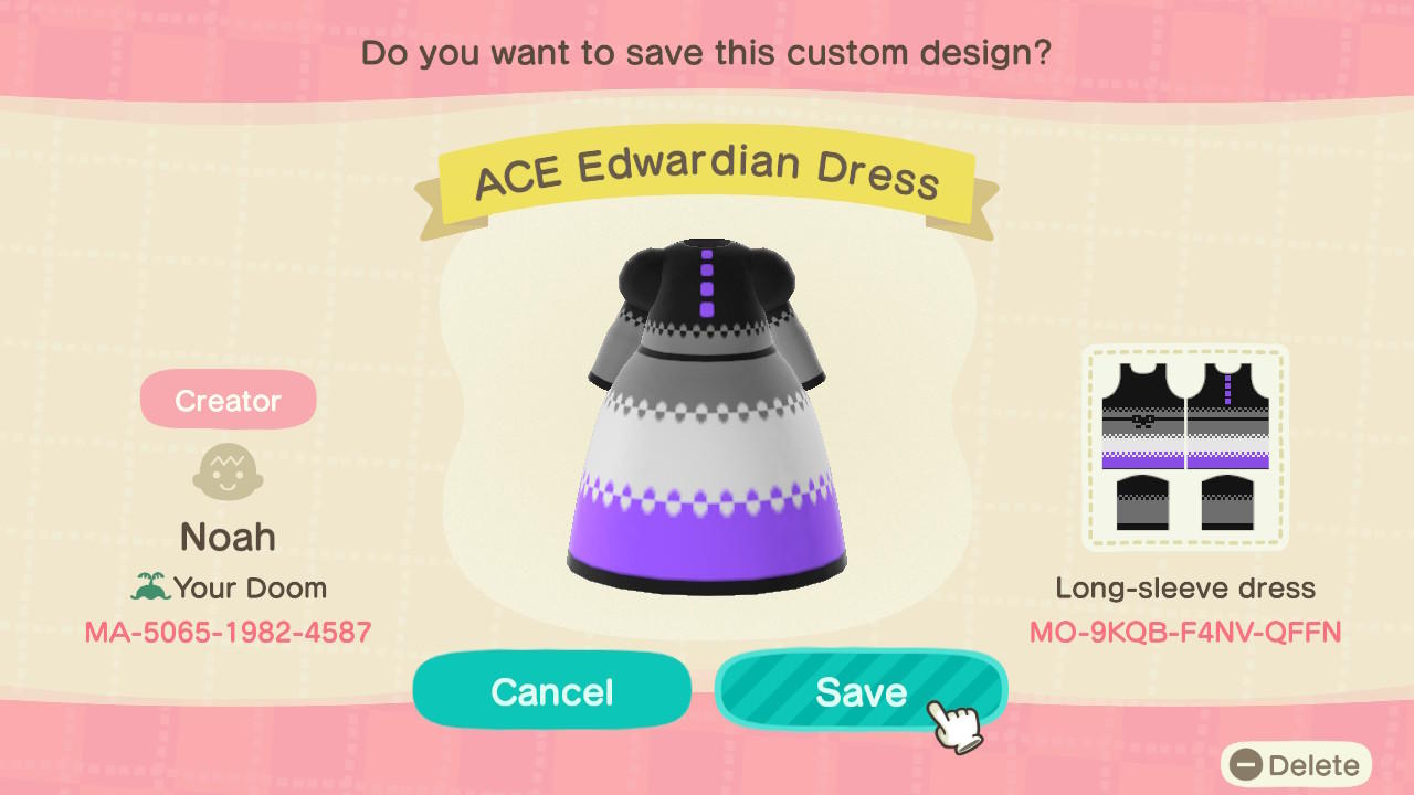Animal Crossing Design Code: MO-9KQB-F4NV-QFFN Ace Edwardian Dress