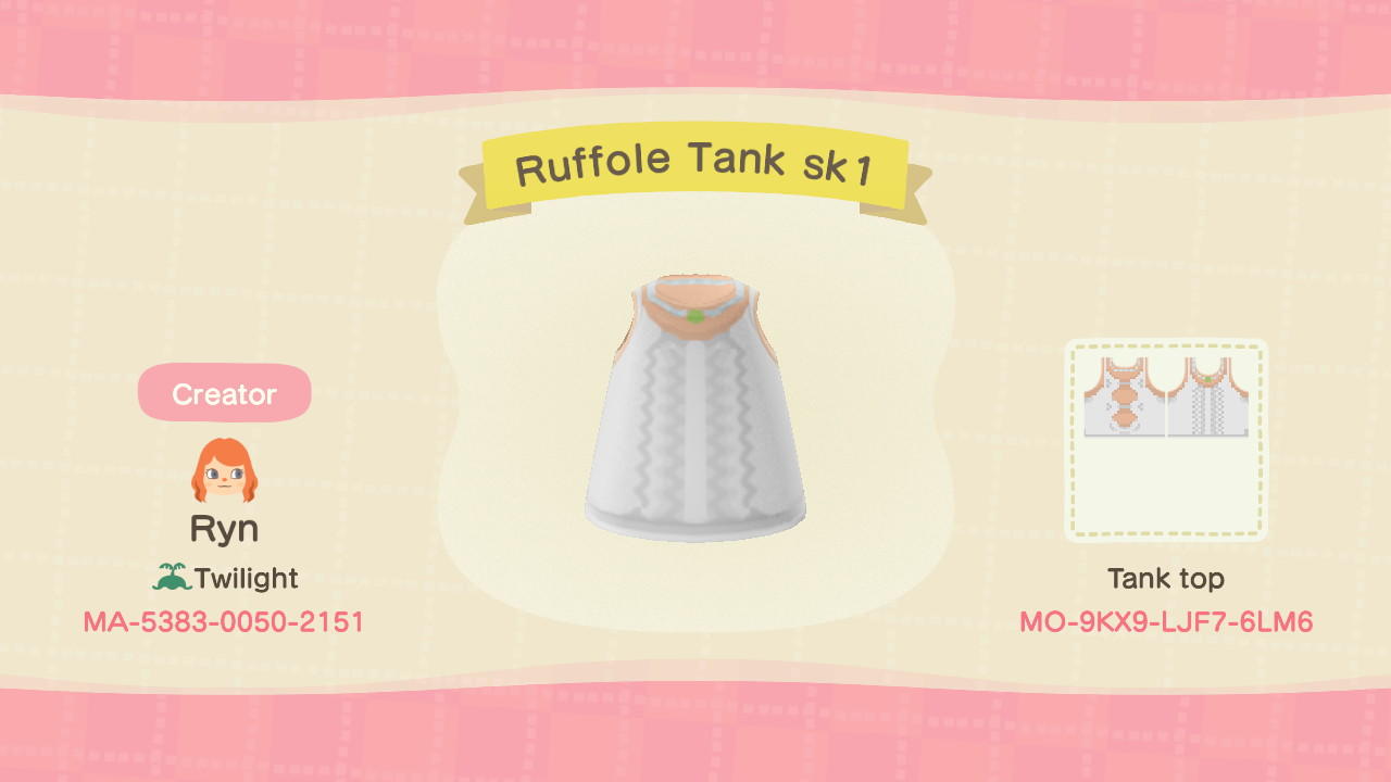 Animal Crossing Design Code: MO-9KX9-LJF7-6LM6 Ruffole Tank sk1