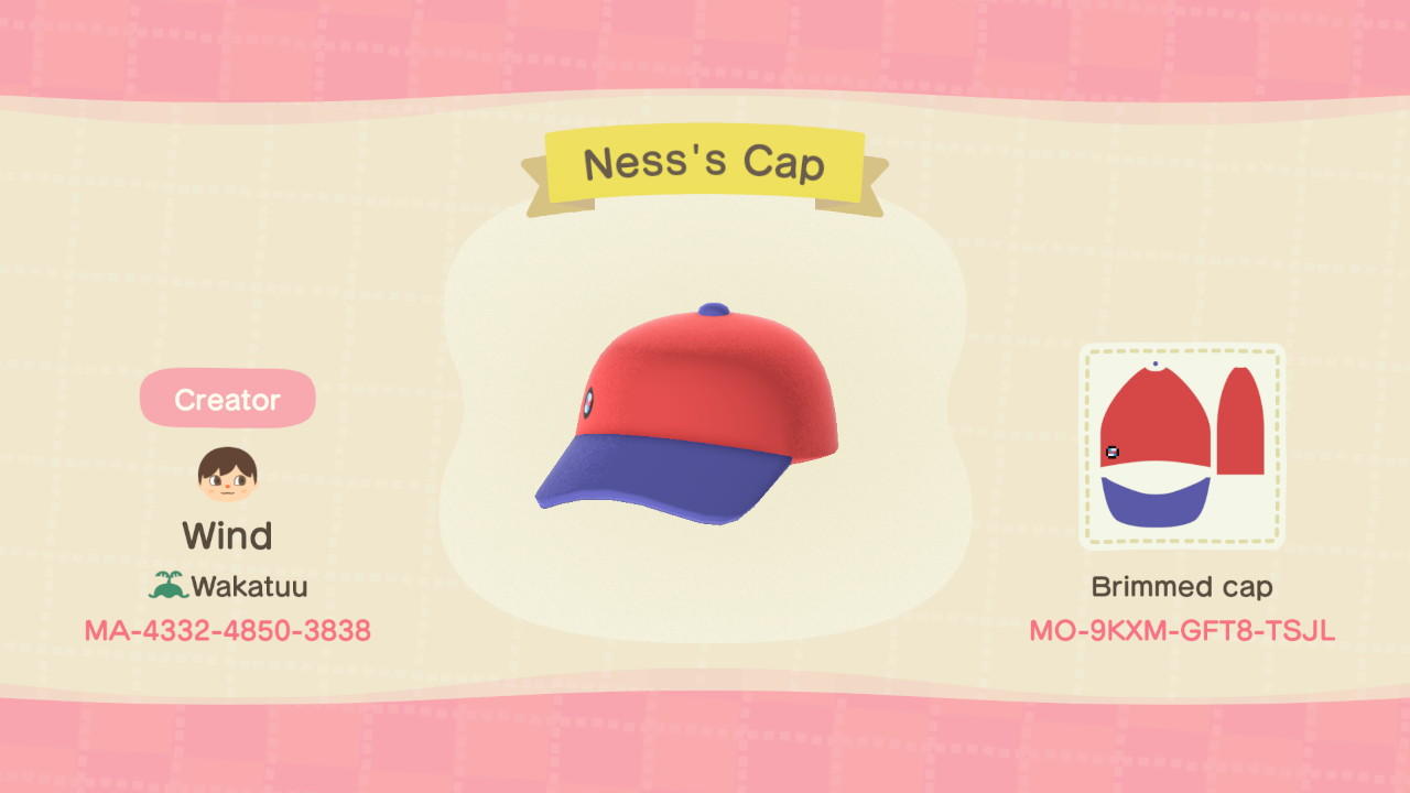 Animal Crossing Design Code: MO-9KXM-GFT8-TSJL Ness&#39;s Cap
