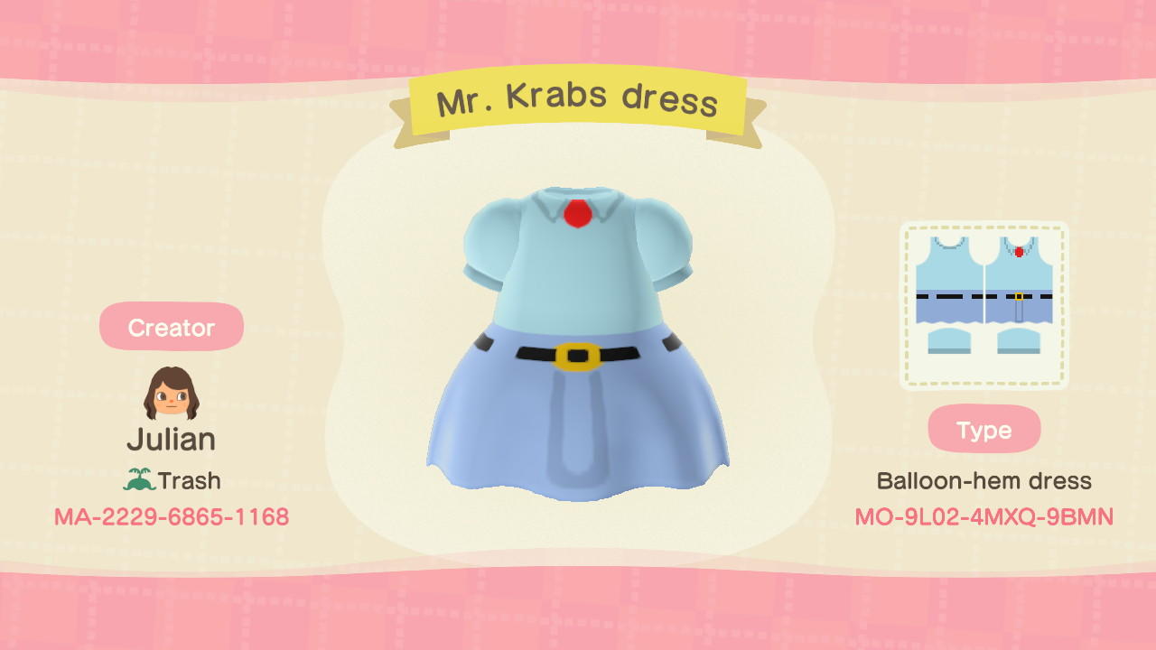 Animal Crossing Design Code: MO-9L02-4MXQ-9BMN Mr. Krabs dress