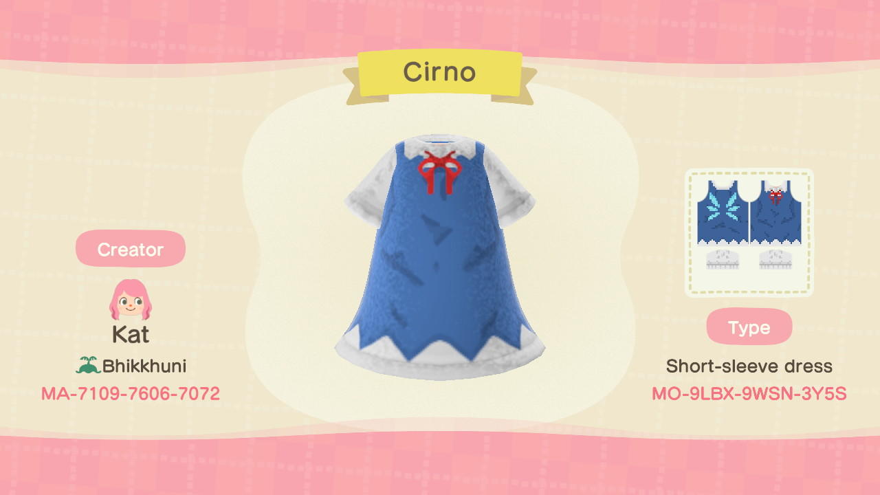 Animal Crossing Design Code: MO-9LBX-9WSN-3Y5S Cirno (Touhou)