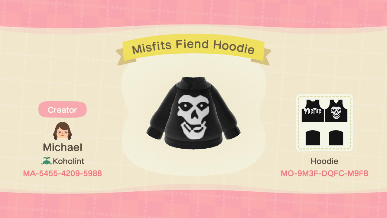 Animal Crossing Design Code: MO-9M3F-DQFC-M9F8 Misfits Fiend Hoodie