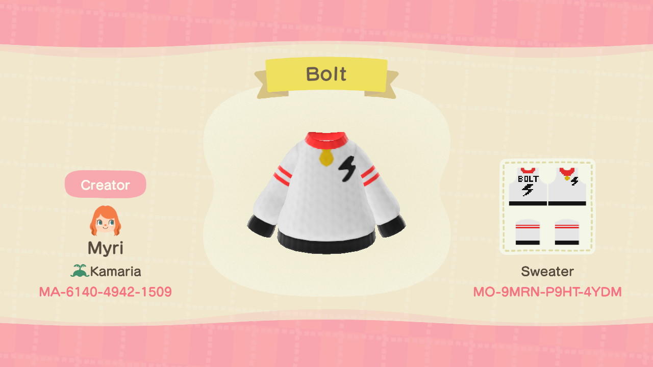 Animal Crossing Design Code: MO-9MRN-P9HT-4YDM Bolt Spirit Jersey