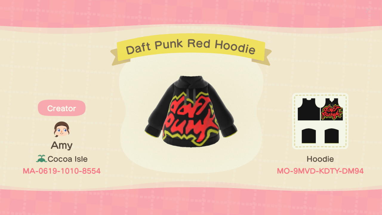 Animal Crossing Design Code: MO-9MVD-KDTY-DM94 Daft Punk Red Hoodie