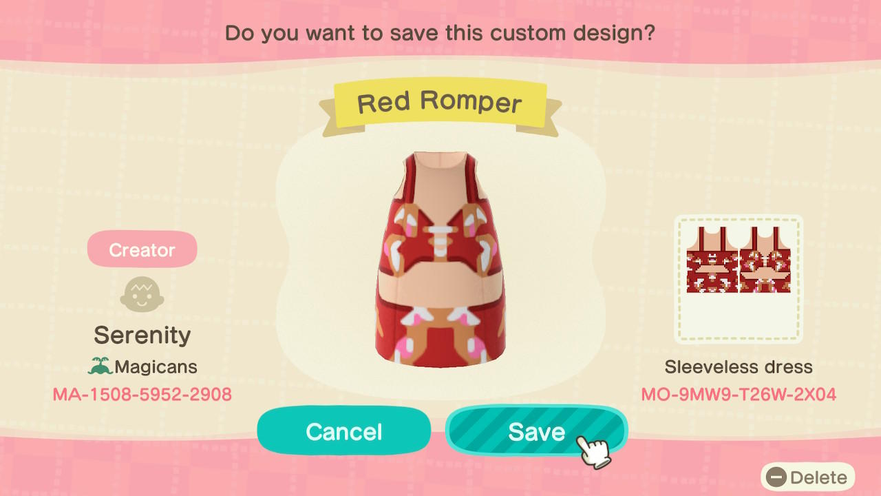 Animal Crossing Design Code: MO-9MW9-T26W-2X04 Red Romper