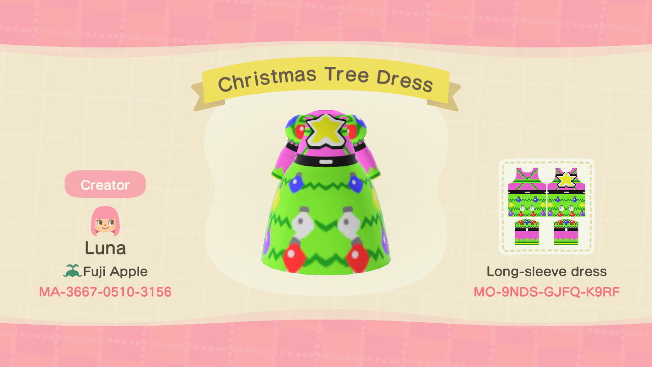 Animal Crossing Design Code: MO-9NDS-GJFQ-K9RF Christmas Tree Dress