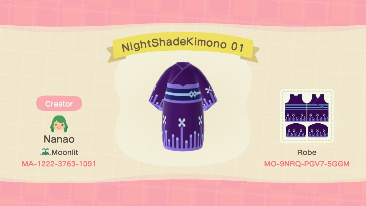 Animal Crossing Design Code: MO-9NRQ-PGV7-5GGM Nightshade Kimono