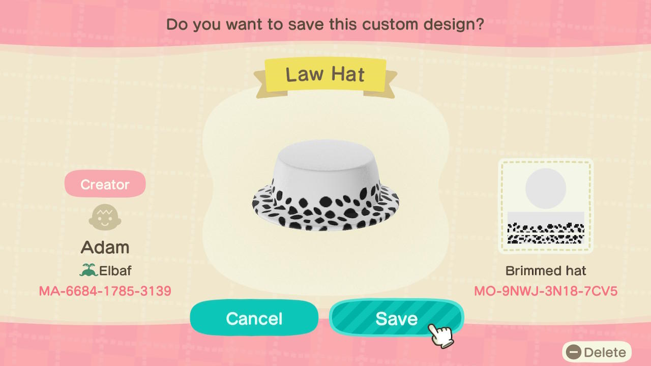 Animal Crossing Design Code: MO-9NWJ-3N18-7CV5 Law Hat