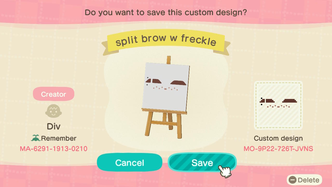 Animal Crossing Design Code: MO-9P22-726T-JVNS split brow freckles