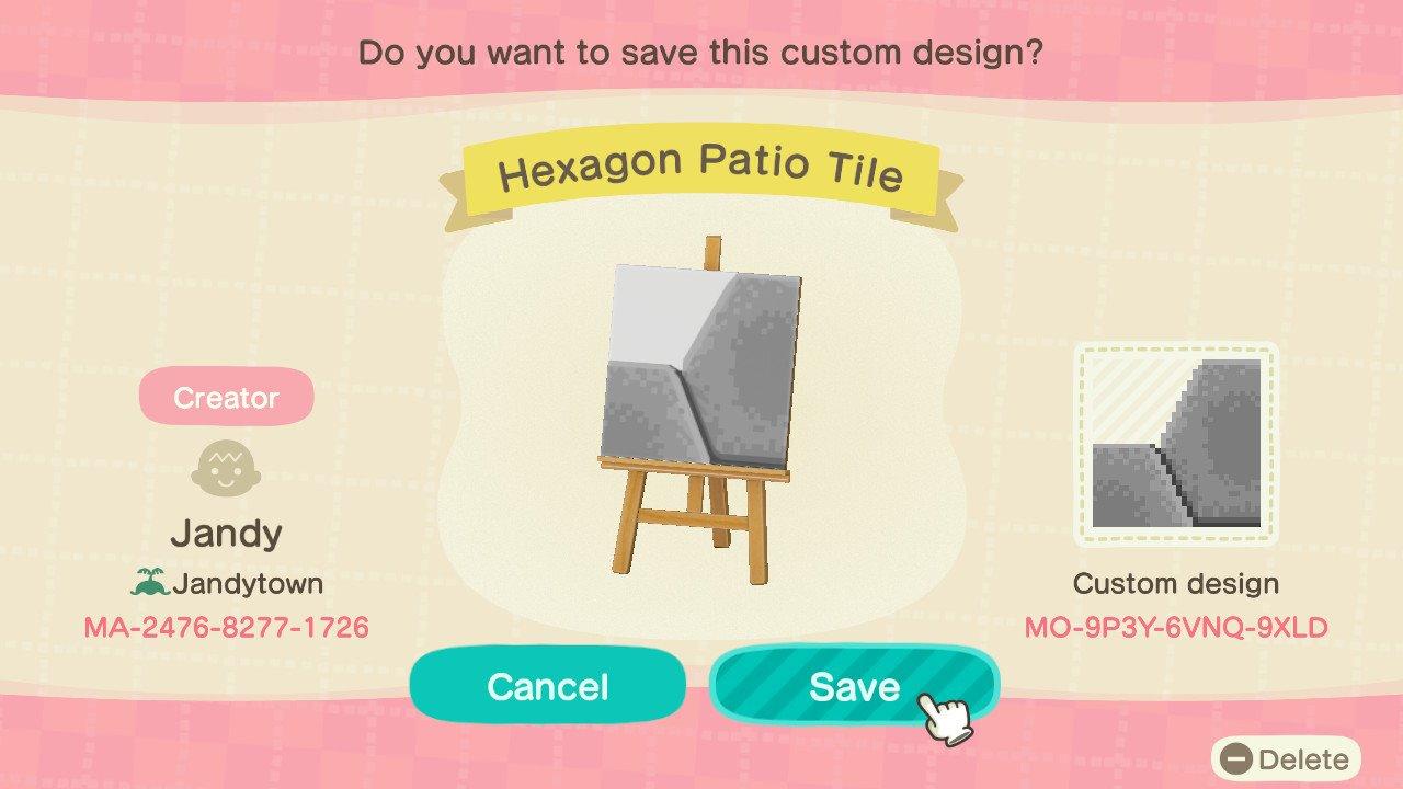 Animal Crossing Design Code: MO-9P3Y-6VNQ-9XLD Hexagon Patio Tile