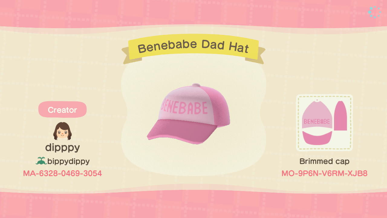 Animal Crossing Design Code: MO-9P6N-V6RM-XJB8 Benebabe Dad Hat