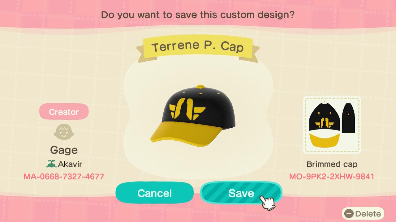 Animal Crossing Design Code: MO-9PK2-2XHW-9841 Terrene P. Cap